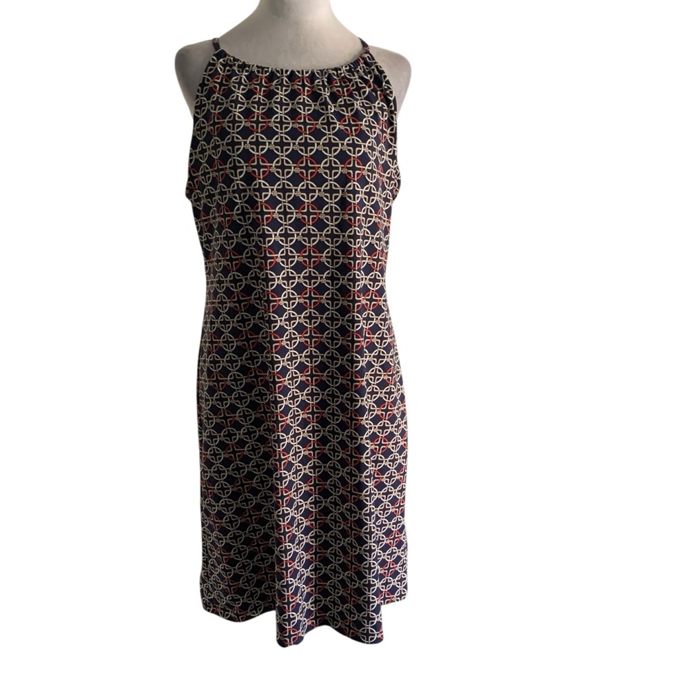 J. McLaughlin Large Stretchy Knit Red Blue Buckle Equestrian Nautical Dress